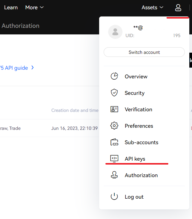 OKX API keys menu