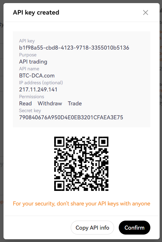 OKX API key details